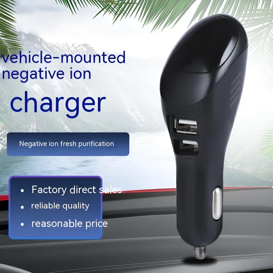 White car USB charger with integrated negative ion air purifier showing dimensions and vehicle power connection