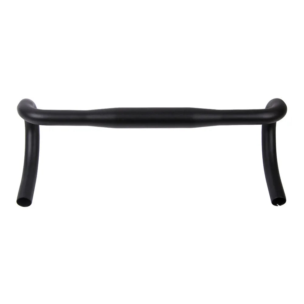 Black UNO road bike aluminium racing handlebar with small bent profile showing 31.8mm clamp markings