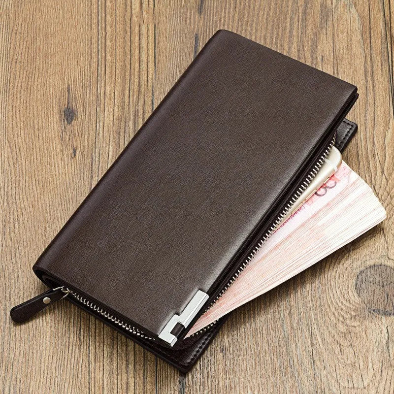 Men's black PU leather zipper wallet open to show seven card slots and a zippered coin compartment.