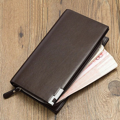 Men's black PU leather zipper wallet open to show seven card slots and a zippered coin compartment.
