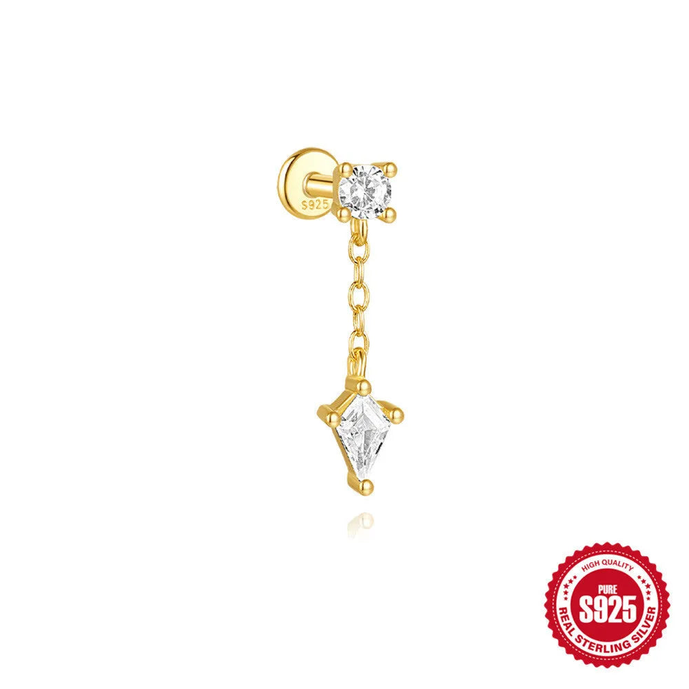 S925 sterling silver geometric kite earrings with rhinestone chain tassel in gold plating
