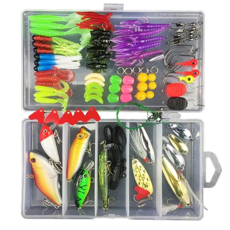Junior fishing lure suit set in PP plastic box with multiple bait designs including thunder frog lures