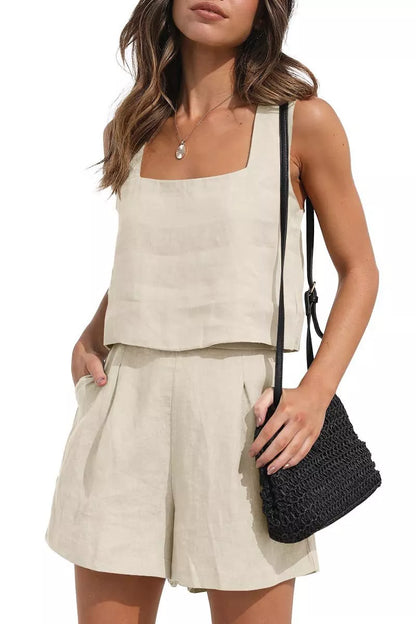 Women's 2-piece cotton linen square neck top and shorts set in various colors