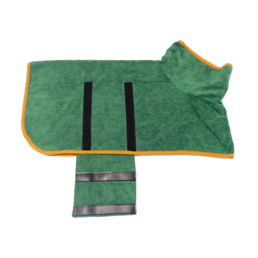 Absorbent dog bathrobe made of soft microfiber material with adjustable waist strap for a custom fit