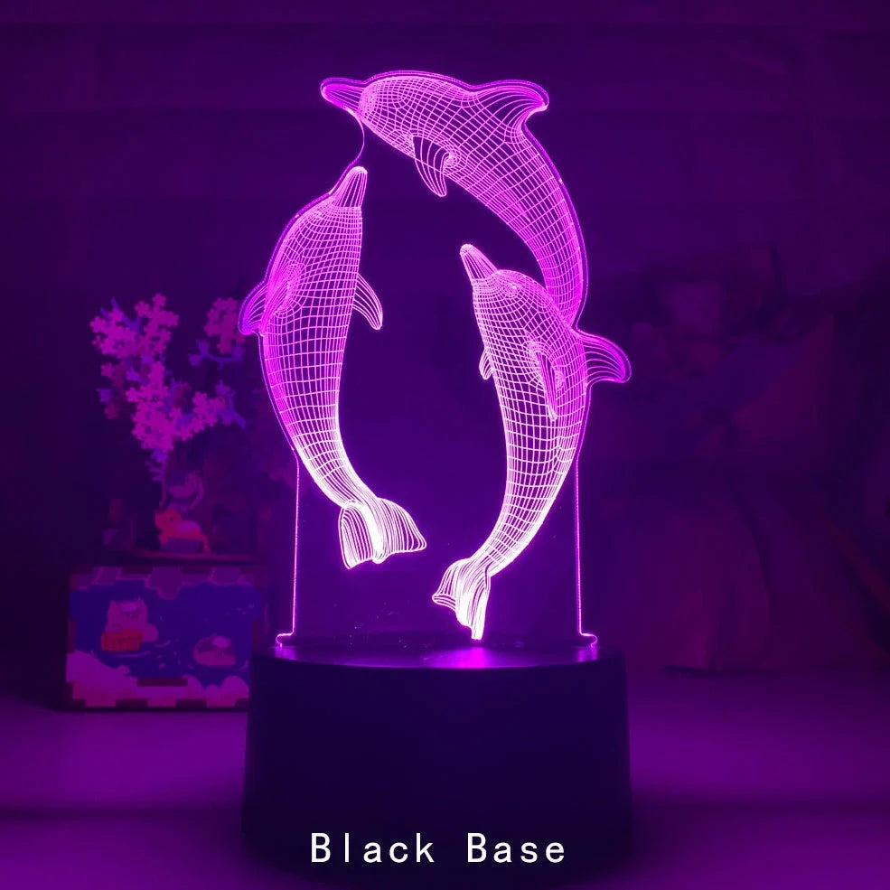 Black base dolphin 3D LED night light projecting image, 87x87x42mm size with USB cable and optional remote
