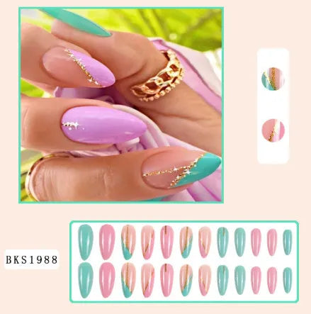 Almond armour shaped nail stickers with frosted finish showing four decorative colour options