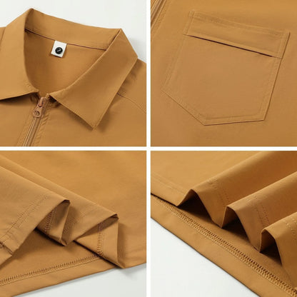 Short sleeve grey nylon work shirt with lapel zipper pockets and tooling culture design