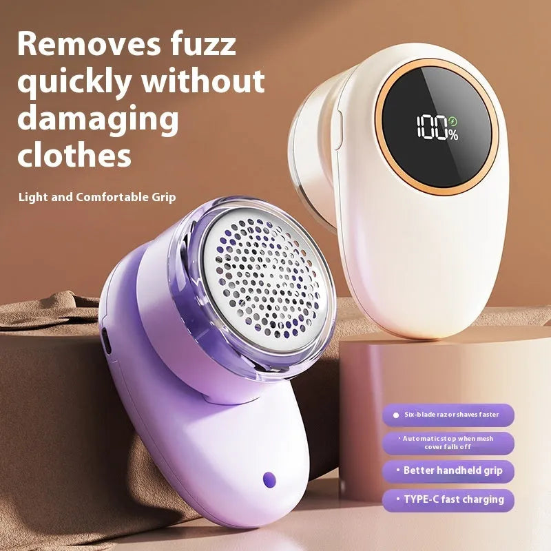 Fur ball trimmer with digital display in beige or purple colours with configurable cutter heads
