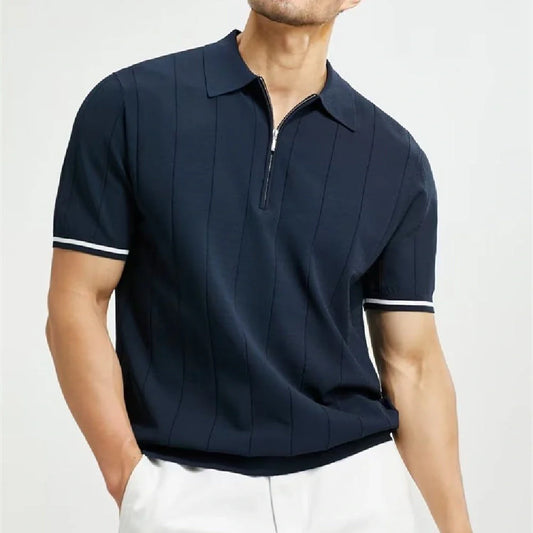 Men's short-sleeved polo shirt with lapel zipper in white and dark blue