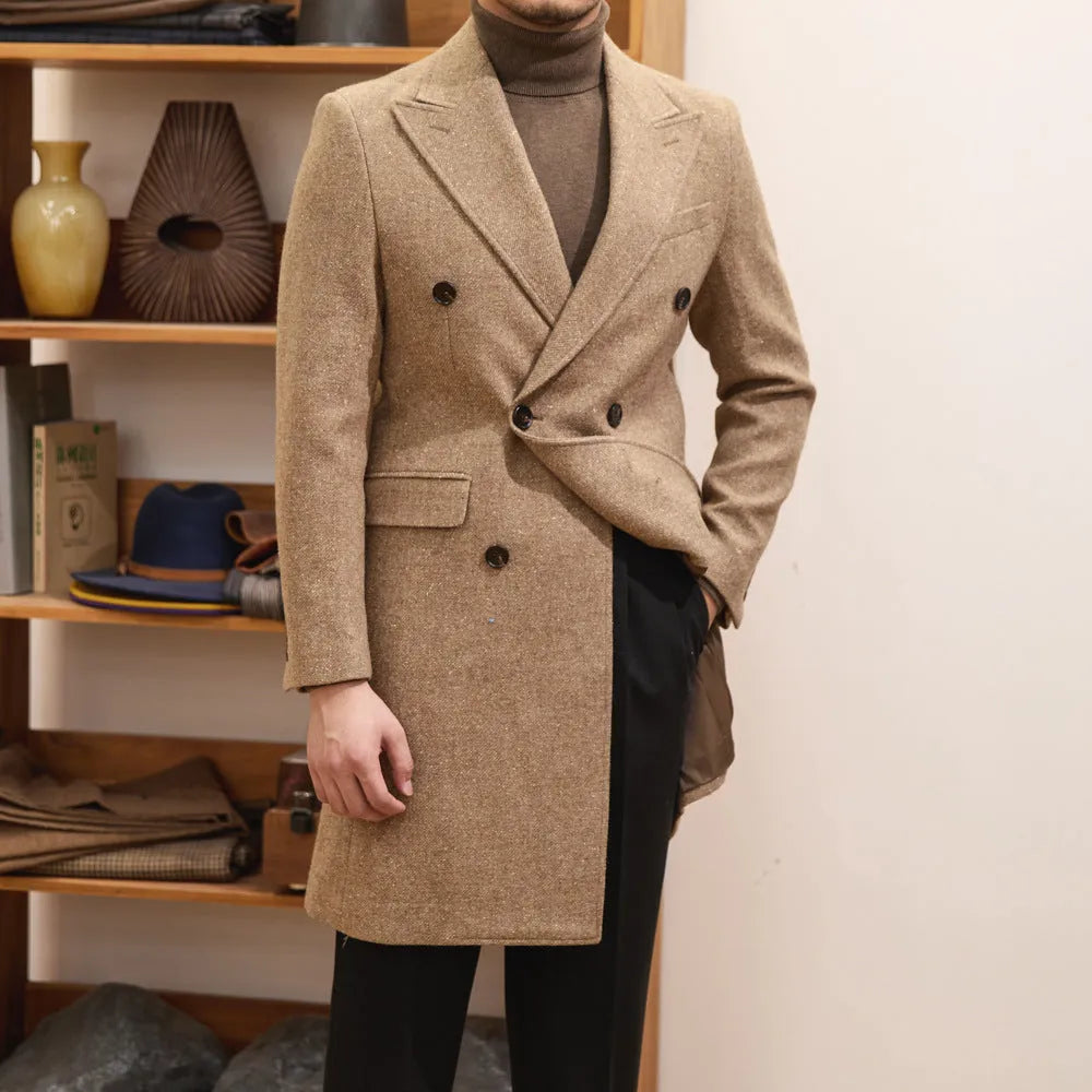 Brown men's slim fit double breasted wool blend jacket with straight hem and side seam pockets.