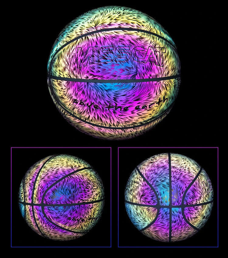 Glowing luminous basketball with mesmerizing rainbow, moon, and multicolored lighting effects for dazzling nighttime games