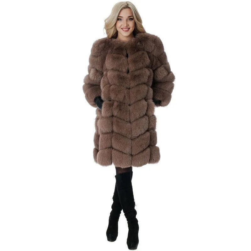 Women's thick warm fur coat in artificial fabric, 80cm length, available in five colours including black and apricot