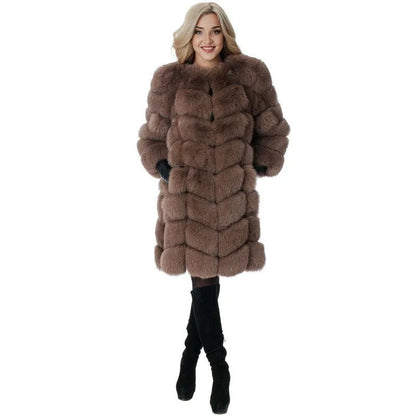 Women's thick warm fur coat in artificial fabric, 80cm length, available in five colours including black and apricot