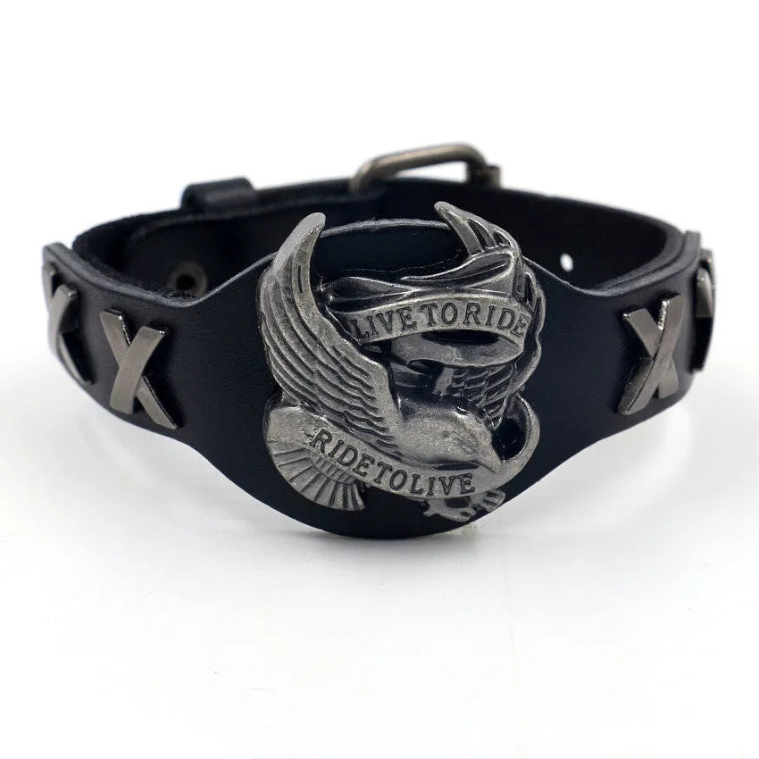 Black geometric leather bracelet with an alloy eagle watch-button style closure.