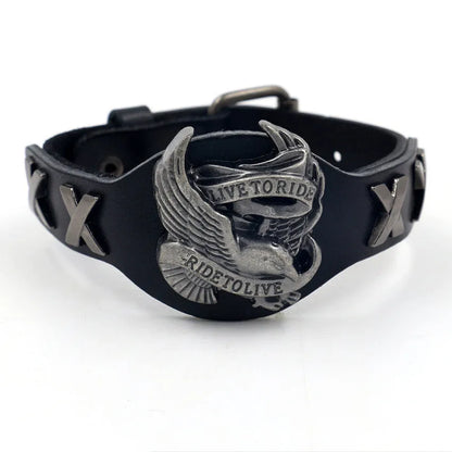 Black geometric leather bracelet with an alloy eagle watch-button style closure.