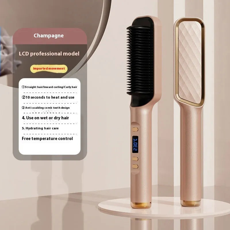 Negative ion hair straightening comb with LCD screen in avocado green colour.
