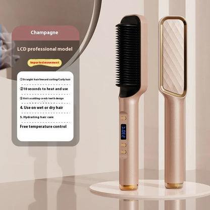 Negative ion hair straightening comb with LCD screen in avocado green colour.