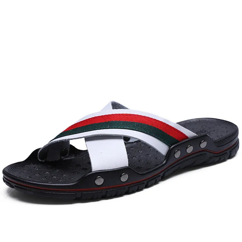 Men's cowhide flip-flops with non-slip PU sole in black, blue, or white, showing UK sizes 38-48 for beach and home use