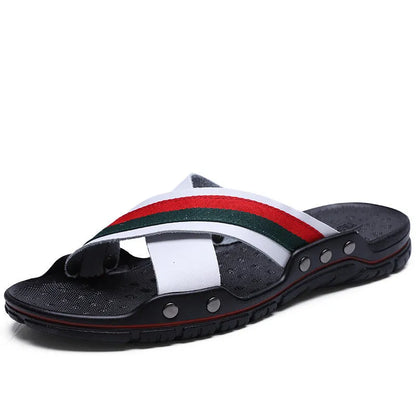 Men's cowhide flip-flops with non-slip PU sole in black, blue, or white, showing UK sizes 38-48 for beach and home use