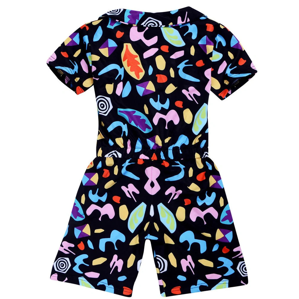 Girls' black cotton jumpsuit with cartoon pattern and short sleeves, shown on hanger