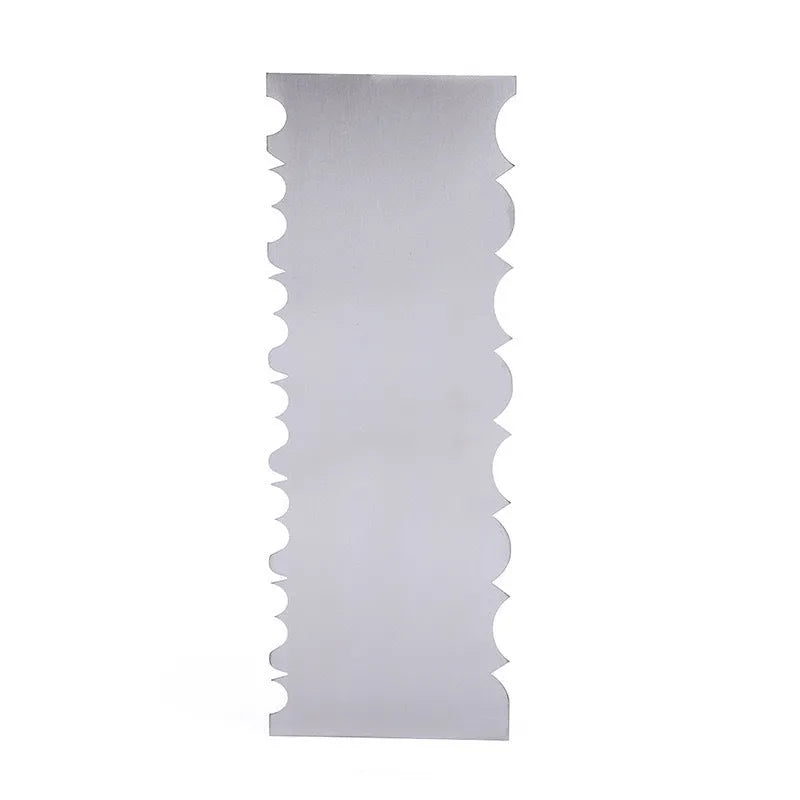 Stainless steel cream scraper with polygon patterns for cake decorating showing six different texture options