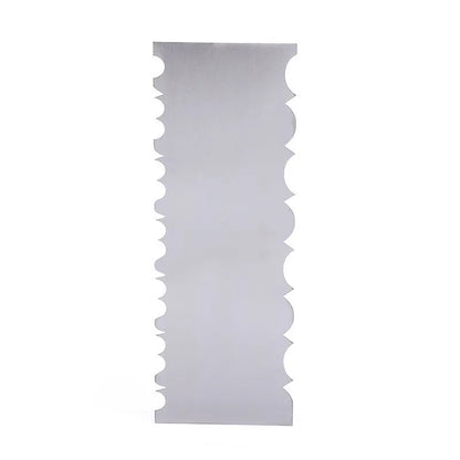 Stainless steel cream scraper with polygon patterns for cake decorating showing six different texture options