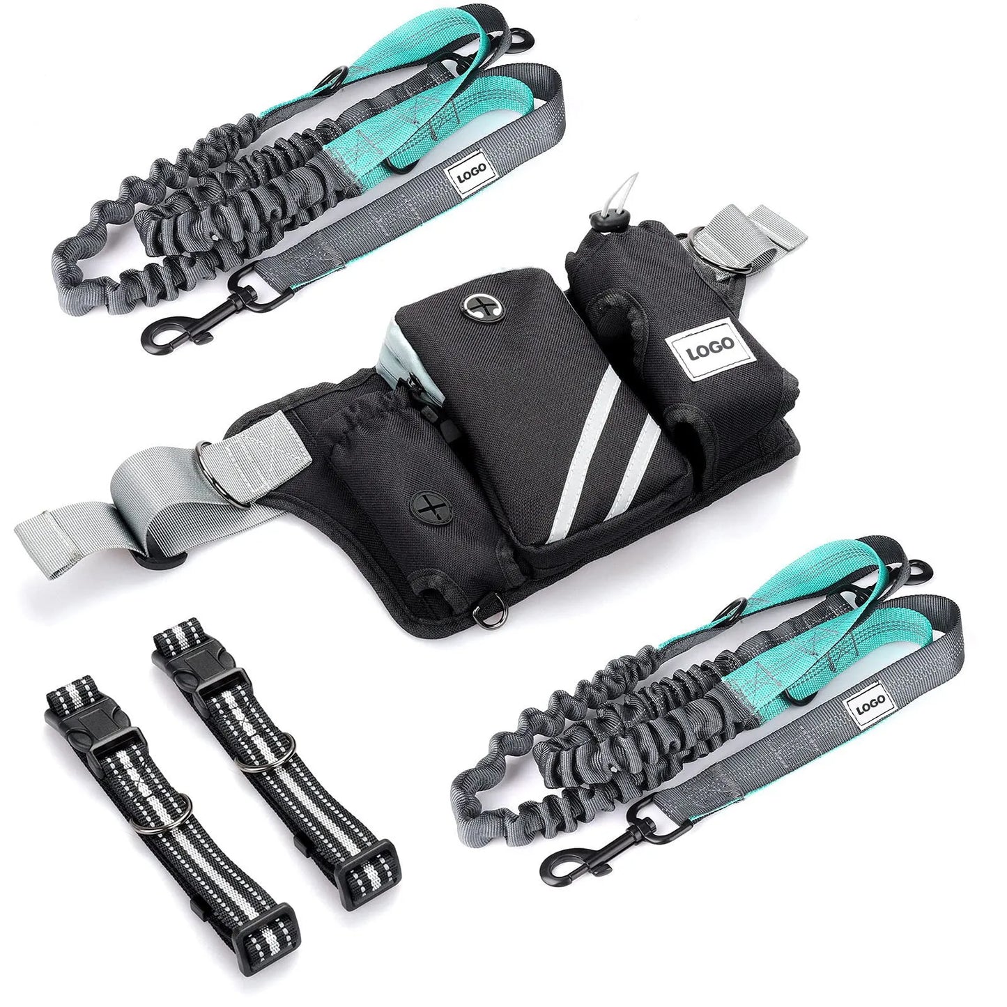 Black nylon outdoor pet training waist bag and dog leash set on waist