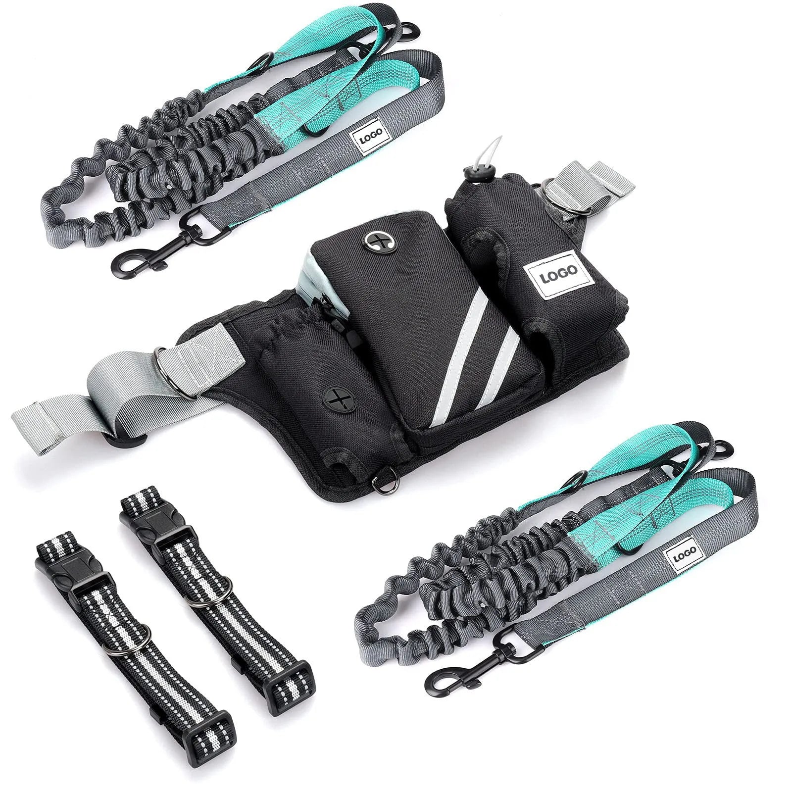 Black nylon outdoor pet training waist bag and dog leash set on waist