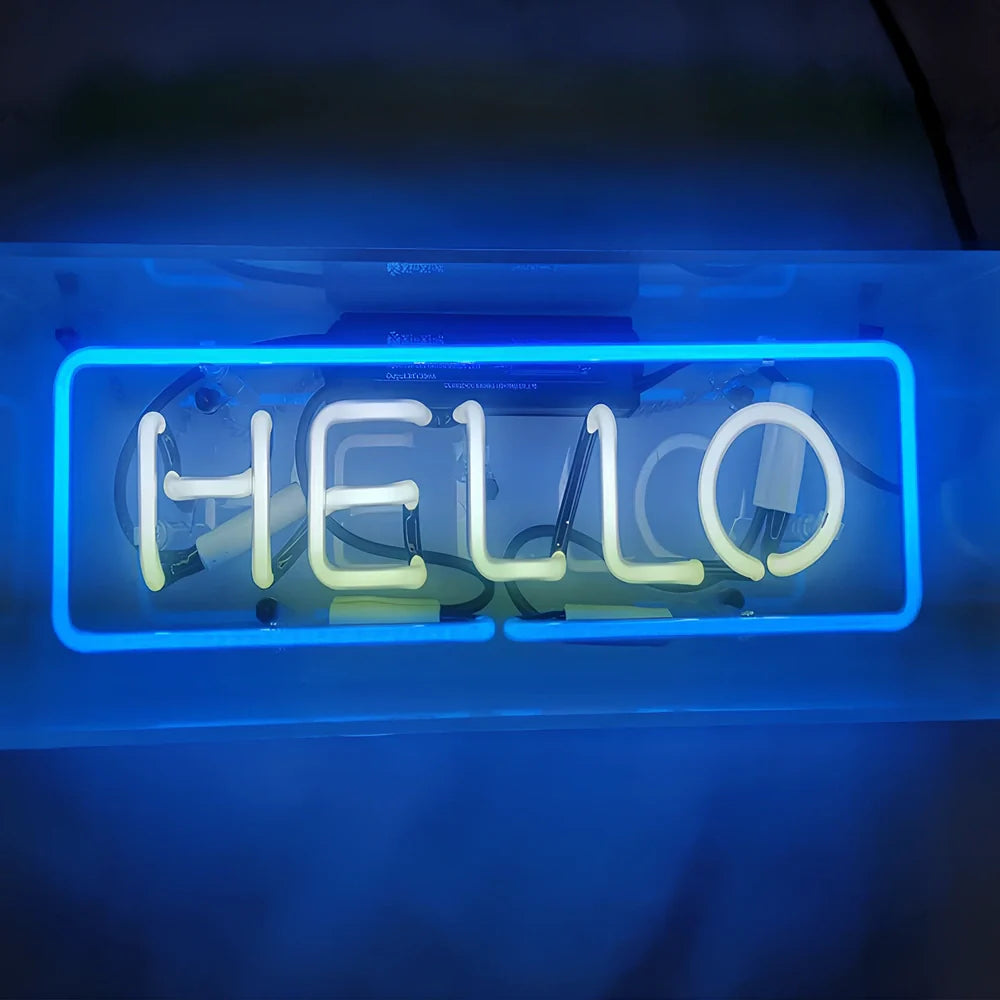 Custom neon sign light box with acrylic shell and manually bent tubes in multiple colour options