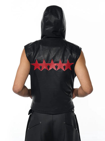 Black men's PU leather waistcoat coat with hood and five-pointed star design