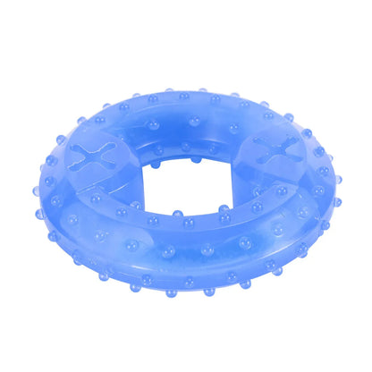 Blue bone-shaped dog teething toy with cooling function and treat compartment for puppies