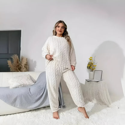Women's creamy white plush polyester two-piece lounge suit set with crew neck top and matching trousers