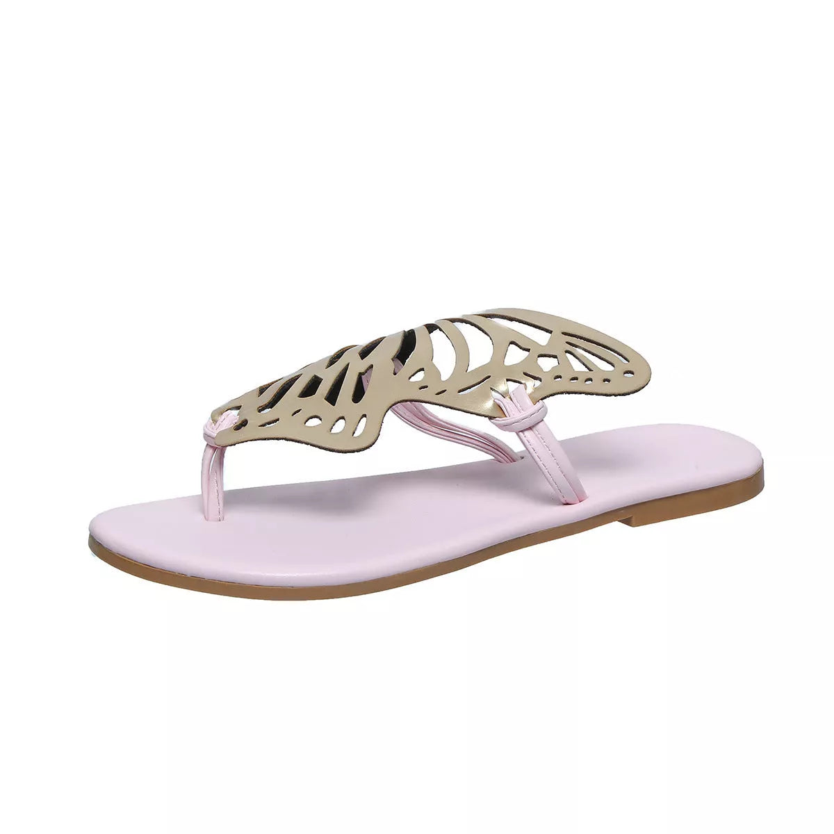 Women's hollow butterfly flip-flops in pink and silver, featuring a lightweight PU upper and rubber sole.