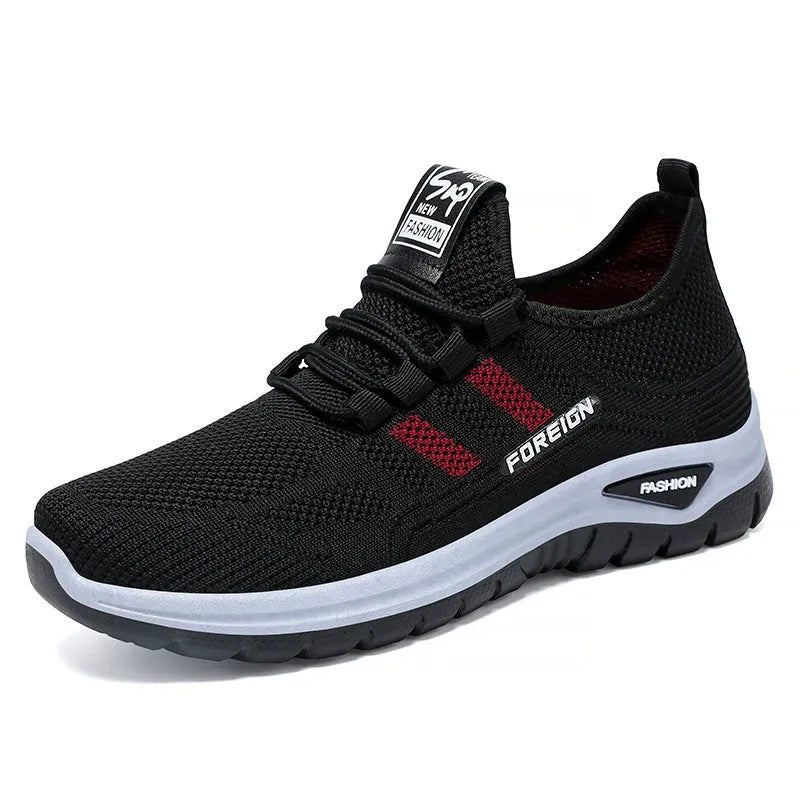 Low-top casual shoes with mesh upper and flat PVC sole in black, grey, purple, or red.