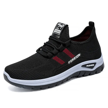 Low-top casual shoes with mesh upper and flat PVC sole in black, grey, purple, or red.