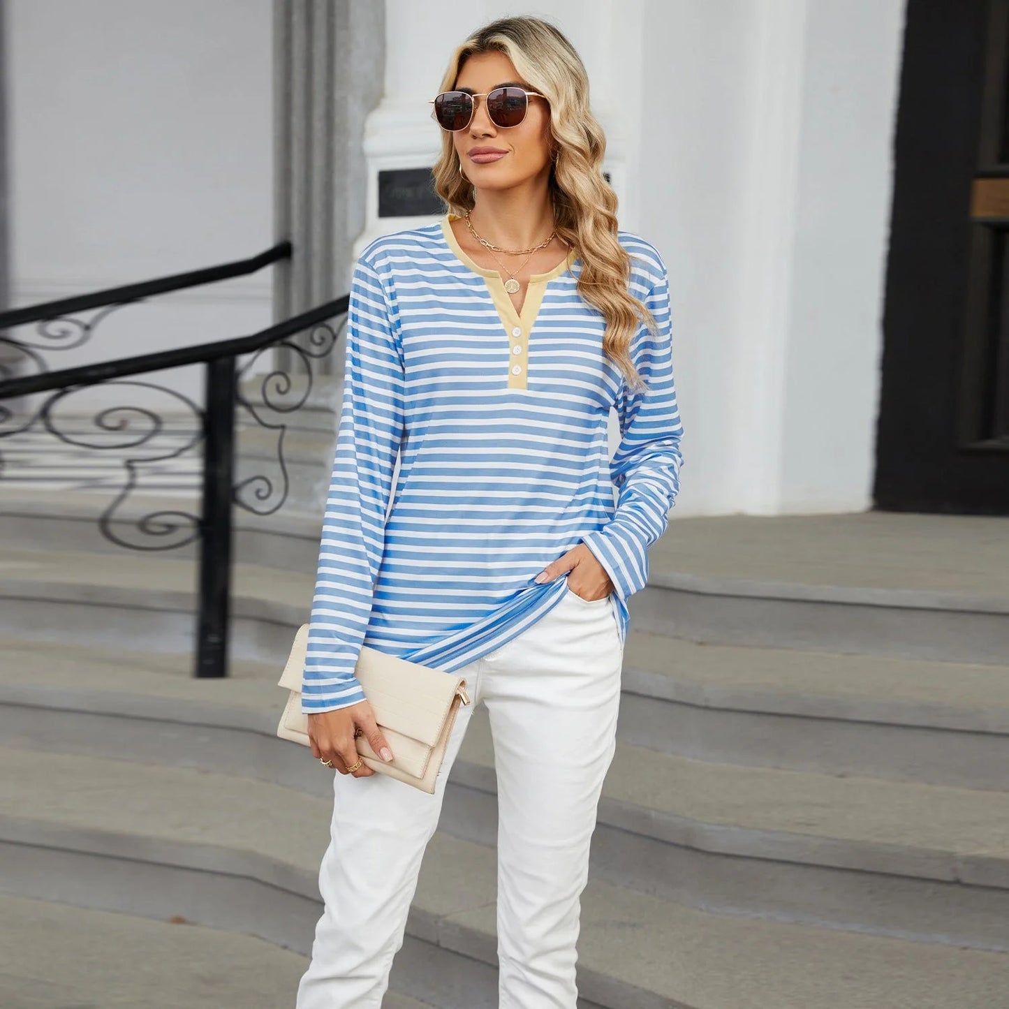Stylish striped long-sleeve V-neck top for women in various color options