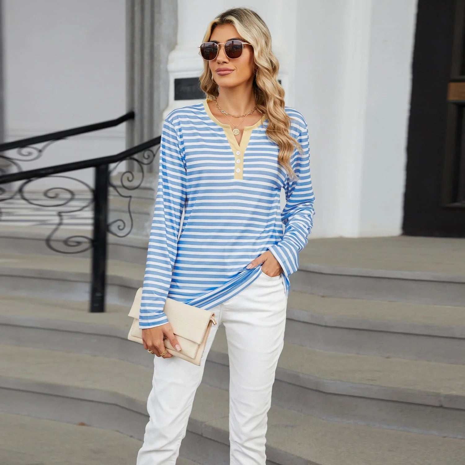 Stylish striped long-sleeve V-neck top for women in various color options