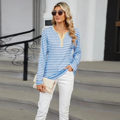 Stylish striped long-sleeve V-neck top for women in various color options