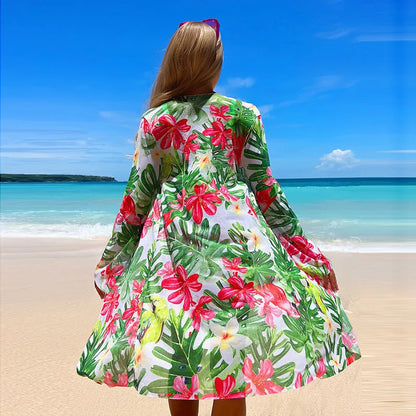 Women's three-piece printed swim set with bikini top, pants and beach blouse in green, blue or rose red.