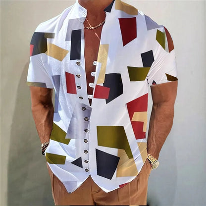 Youth wearing geometric floral print short sleeve cardigan shirt in chemical fibre blend fabric