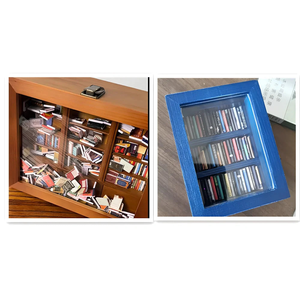 Wooden antique finish bookshelf ornament with 200 small books, 25.4 cm tall for decompression