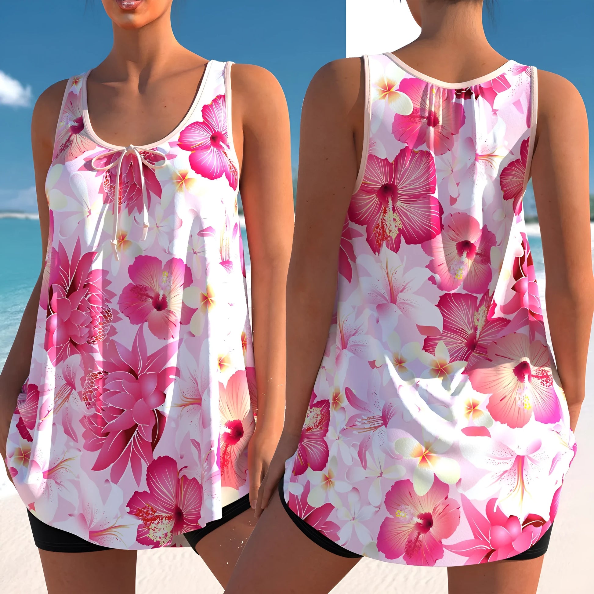 Plus size pink printed tankini swimsuit with halter top and high waist briefs