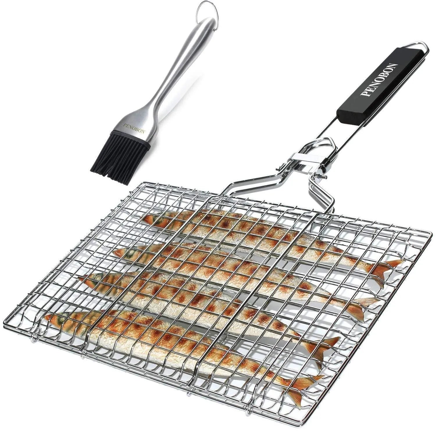 Stainless steel square barbecue mesh basket folded with cleaning brush for outdoor grilling