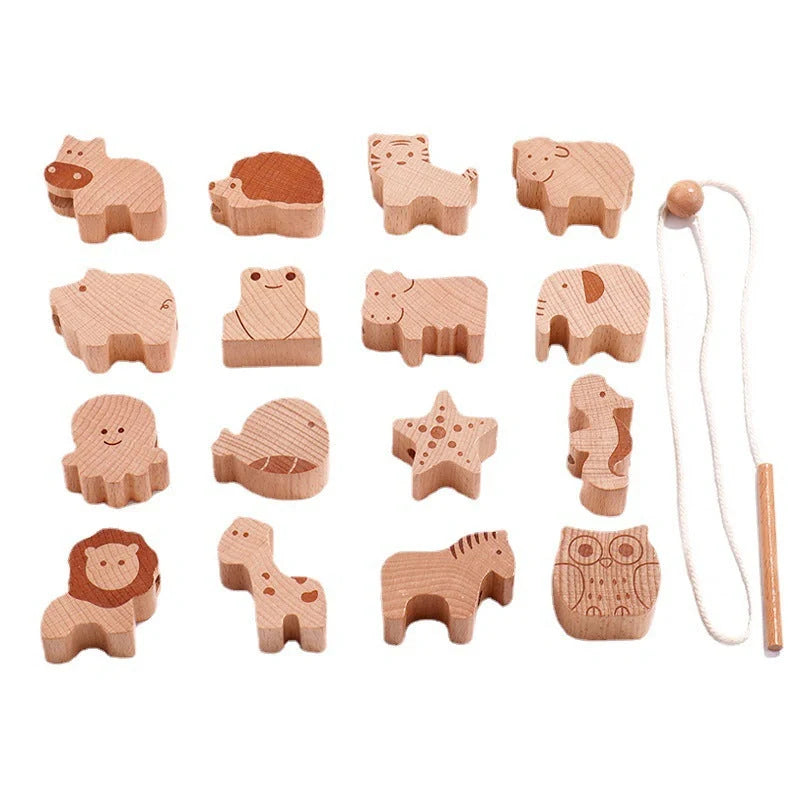 Beech wood animal string beads children's toy measuring 29.5x22x5.5cm with building blocks and rope