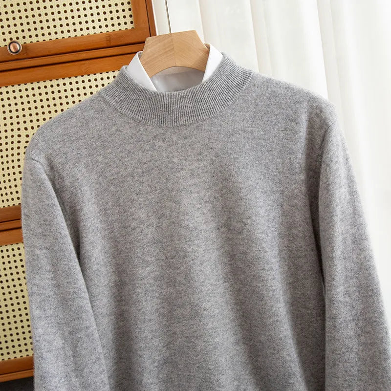 Men's half-collar wool sweater in loose fit with rough yarn texture, shown in winter business style