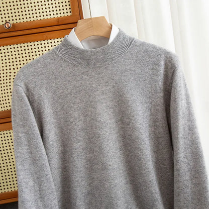 Men's half-collar wool sweater in loose fit with rough yarn texture, shown in winter business style