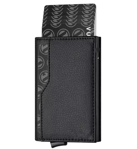 Leather credit card case with RFID blocking and double ID window in Black, Yellow Brown, Carbon Fiber Black, and Deep Coffee