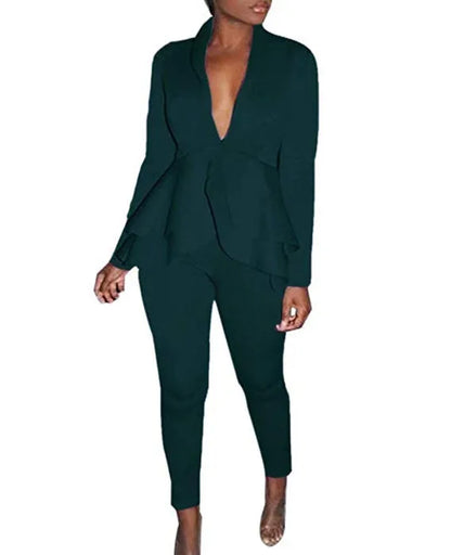 Ruffled shirt and pencil pants business casual wear set in polyester fabric