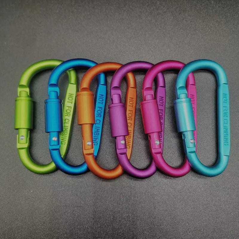 D-type aluminium climbing carabiner with screw-lock gate in bright black colour, 8cm flat design