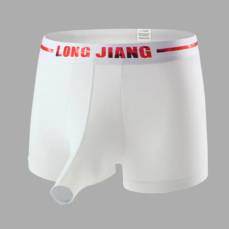 Men's grey blue ice silk trunk open boxers laid flat, showing mid-waist and knitted fabric texture.
